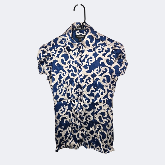 Y2k Bebe Blue and White Silk Top ! - Picture 2 of 8